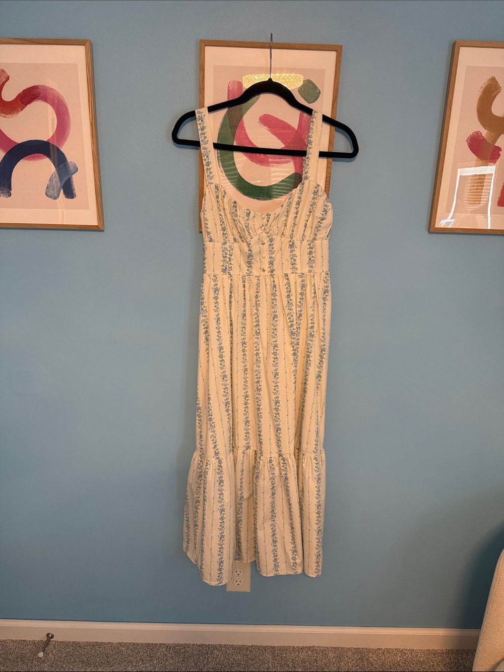 Blu Pepper Cream Maxi Dress with Blue Floral Stripes and Ruffle Hem